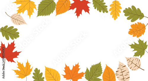 Autumnal oval frame made of various colorful fall leaves like maple oak and birch with ample copy space in the center.