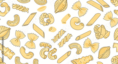 Seamless pattern background of various uncooked Italian pasta shapes like penne farfalle and fusilli in a scattered arrangement.