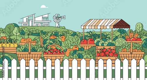 Line art illustration of a farmers market with fresh produce in baskets a stall and a modern house in a lush green landscape.