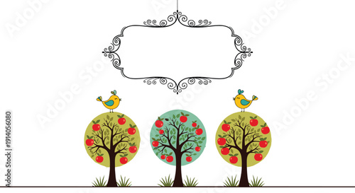 Cute and simple illustration of three stylized apple trees with little birds and a hanging ornate vintage frame for custom text.