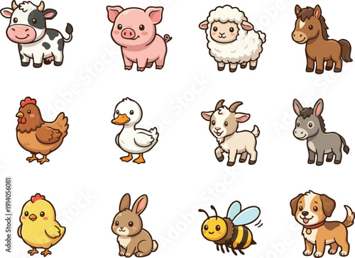 A set of a cow, pig, sheep, horse, chicken, duck, goat, donkey, chick, rabbit, bee, and dog in a flat, vector illustration style perfect for kids' designs