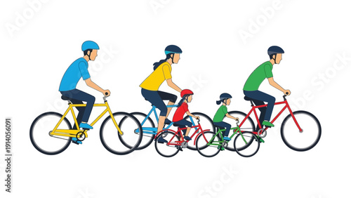a family of four including parents and children wearing helmets and cycling together illustrating an active lifestyle and outdoor recreational fun.