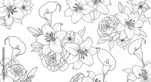 Seamless black and white floral pattern with beautifully detailed line art drawings of lilies calla lilies peonies and other flowers.
