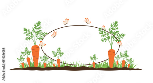 Charming oval frame surrounded by carrots growing in the ground with green tops and cute butterflies flying around on a white background.