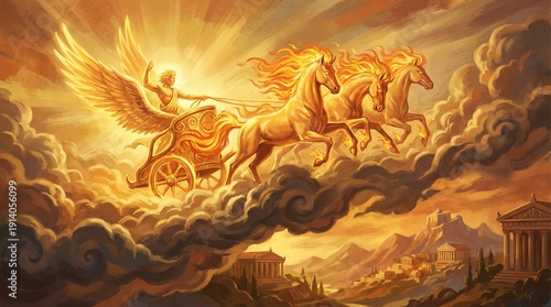 Bright Helios Driving Sun Chariot Across The Sky