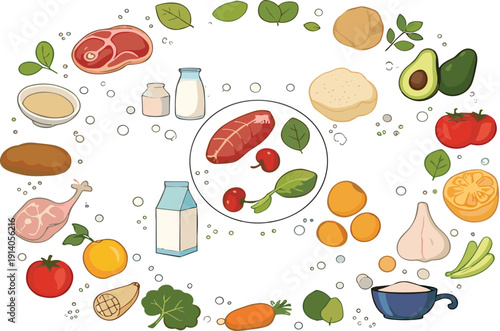 Balanced diet food ingredients collection with meat vegetables fruits dairy and grains healthy nutrition vector illustration