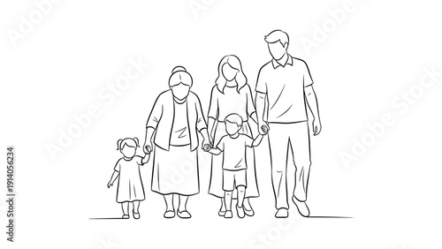 a multi-generational family including grandparents parents and children walking hand-in-hand symbolizing family unity and support in line art.