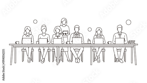 a professional business team collaborating and working on laptops at a modern office table with a manager overseeing showcasing corporate teamwork and efficiency.