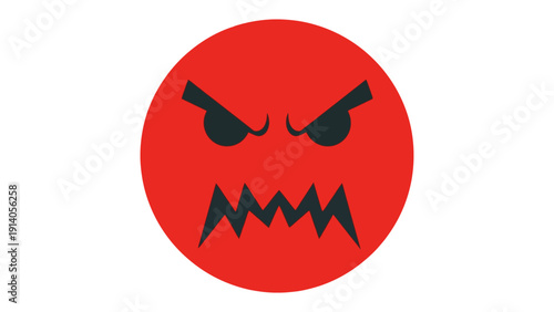 a red angry emoji face conveying furious rage and frustration through narrowed eyes and jagged teeth on a plain white background.
