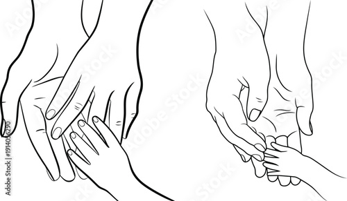 Line art of father mother and baby hands together representing family unity love and protection
