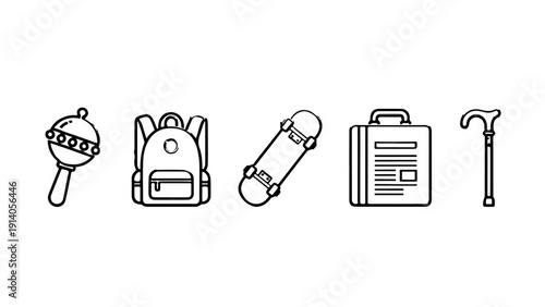 black and white line art illustrating human life stages rattle backpack skateboard briefcase and walking stick symbolizing the journey from infancy to old age and developmental stages.