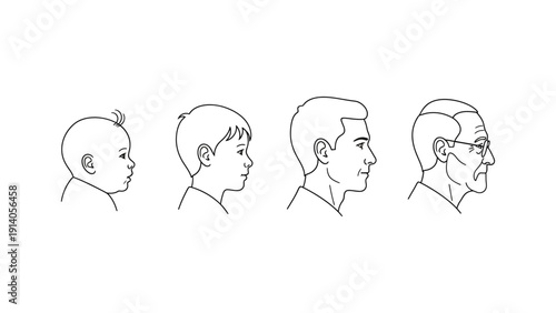 black and white line art profiles illustrating human life stages from baby to elderly symbolizing aging and the journey of life