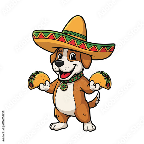 Happy Dog in Sombrero Holding Tacos