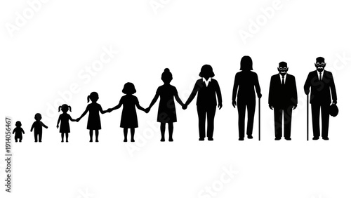 black silhouettes showing human life stages from infancy to old age holding hands symbolizing aging generations and intergenerational unity.