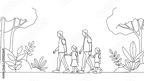 continuous line art drawing of a gay family two dads walking hand in hand with their young daughters through a serene park unity