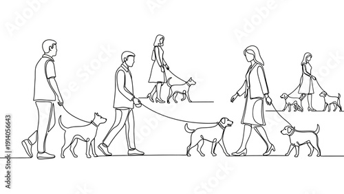 continuous line art drawing of diverse people walking their dogs on leashes symbolizing companionship and a healthy lifestyle.