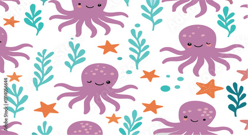 Cute octopus seamless pattern with starfish seaweed and underwater marine life cartoon vector background for kids