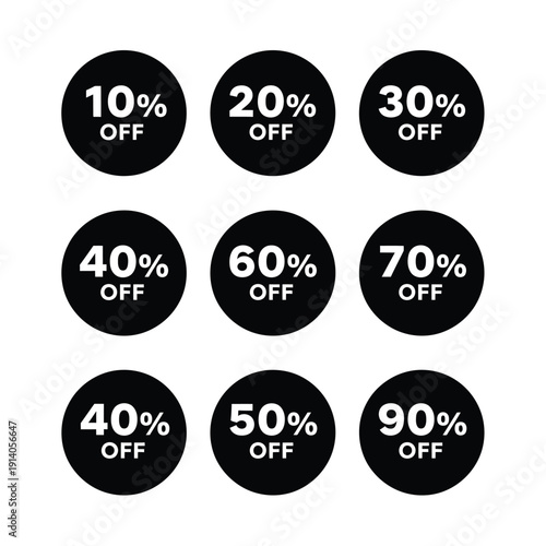 Vector illustration icon set of black discount labels with white text