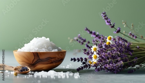 Wooden bowl with coarse sea salt next to lavender and chamomile arrangement with copy space