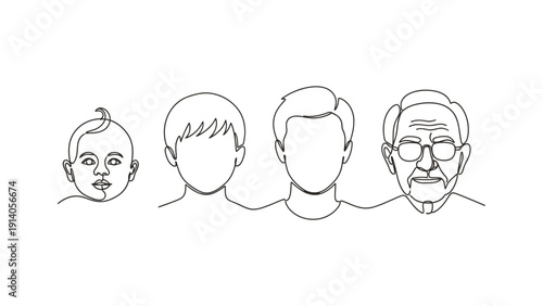 continuous line drawing illustrating the human lifecycle from baby to old age depicting the process of aging and growth