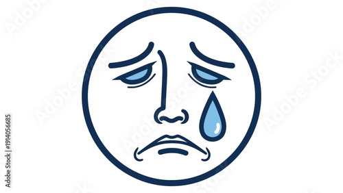 crying face emoji illustration with blue tear on white conveying deep sadness and emotional distress for graphic design.