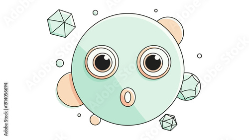 curious mint green character wide eyes open mouth surrounded by geometric shapes embodying scientific data discovery concepts.