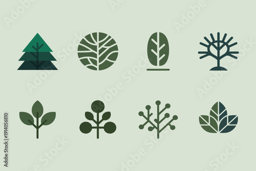 Exploring various leaf and tree illustrations in a harmonious green palette