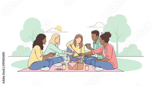 diverse friends enjoying an outdoor picnic in a sunny park sharing food and happy moments symbolizing friendship and togetherness