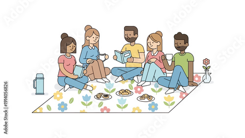 diverse friends enjoying a relaxed outdoor picnic reading books sipping coffee and sharing pastries on a floral blanket illustrating community shared hobbies and mindful leisure.