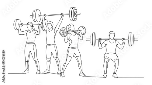 diverse group of athletes weightlifting with barbells demonstrating strength training fitness and a healthy workout routine.