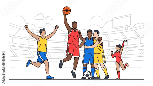 diverse group of athletes celebrating success and teamwork in a stadium illustrating sportsmanship athletic achievement and global competition.