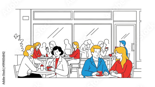 diverse group enjoying coffee and conversation in a bustling urban cafe illustrating social connections and modern daily life.