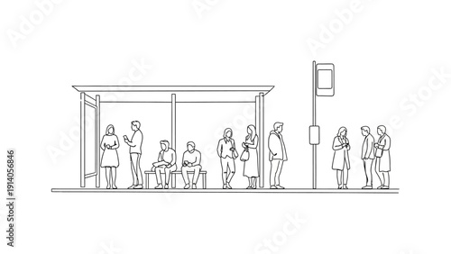 diverse group of commuters waiting at a line art urban bus stop with shelter depicting daily public transport and city lifestyle.