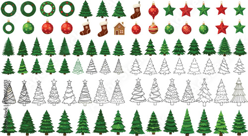 Large collection of Christmas tree vector illustrations with ornaments wreaths stars baubles outline sketches and festive holiday decorations set
