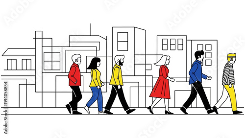 diverse group of people walking in line through a minimalist abstract urban street symbolizing modern community collective progress.