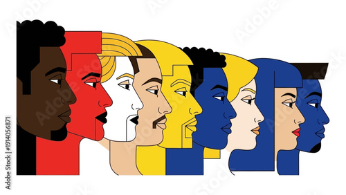 diverse human faces in profile graphic art symbolizing global unity inclusivity and multiculturalism for social justice causes