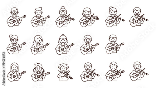 diverse group of senior and young adults playing acoustic guitars and violins in minimalist line art perfect for illustrating musical education.