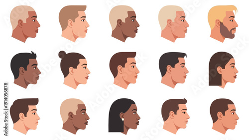 diverse human faces in profile a modern vector illustration depicting men and women of varied ethnicities skin tones and hairstyles isolated on white illustrating human identity and individuality.