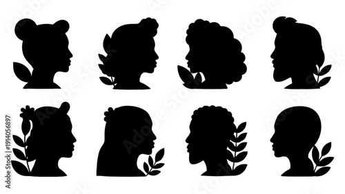 diverse human profile silhouettes with varied hairstyles and natural leaf accents symbolizing identity nature and individuality.