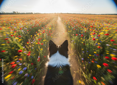 View from behind a dog running through a colorful wildflower field at sunset