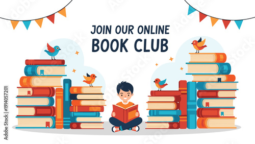 Young boy reading books among colorful stacks and birds invites people to join an online book club for learning.