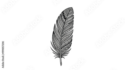 Intricate ethnic pattern on a single bird feather illustration showcases detailed tribal or bohemian artistic style.