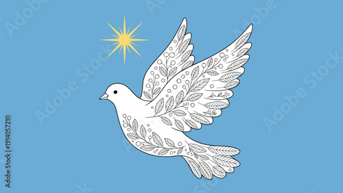 Ornate white dove with leaf patterns on its wings flies in a blue sky near a bright sun representing global peace.