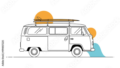 Classic camper van with surfboards on top parked against a sunset suggests road trips and surfing adventures.