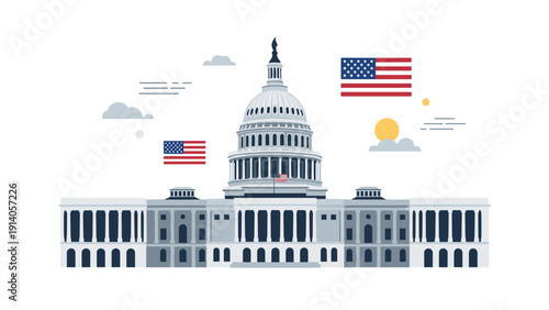 United States Capitol building illustration with American flags and clouds represents government and Washington DC.