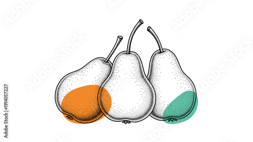 Artistic stippled illustration of three juicy pears with abstract color accents offers a modern take on fruit art.