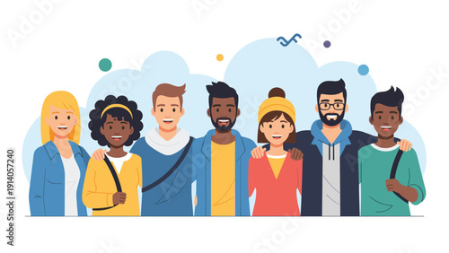 Diverse group of smiling people standing together as friends represents community, teamwork, and social unity.