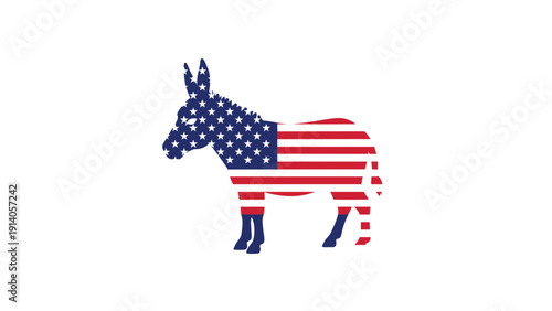 Donkey silhouette filled with the stars and stripes pattern of the American flag represents a political party.