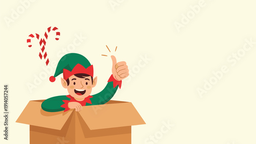 Cheerful Christmas elf giving a thumbs up from inside a cardboard box creates a fun and magical holiday delivery theme.