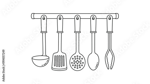 Set of essential kitchen utensils like a ladle and spatula hanging on a wall rack shown in simple line art.